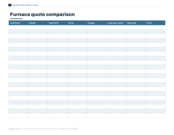 Preview of Furnace Quote Comparison Sheet
